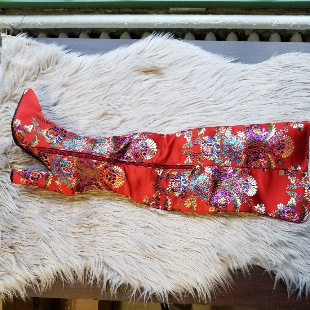 Size 5.5-7.5 BAMBOO OverKnee Red Satin Floral Boot - Picture 6 of 8